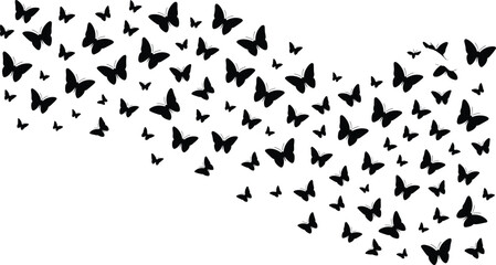 "Flying butterflies silhouette vector, butterfly swarm illustration, black butterfly icons isolated on white background, insect migration design, decorative butterfly pattern art"