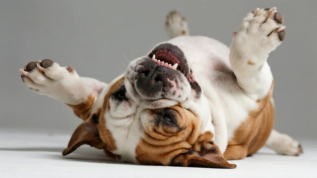 A playful English bulldog lying on its back with paws up