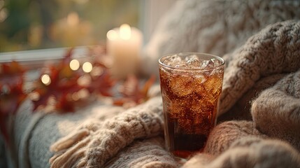 Pumpkin spice soda with bubbles captured in a cozy autumn setting by a window with soft light and festive decor