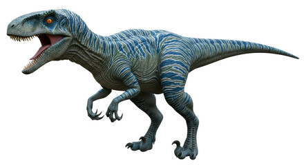 Isolated Raptor with blue stripes for science fiction adventure movie, prehistoric era, predator