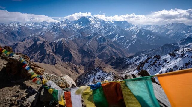 Majestic Snowy Mountain Peaks Under A Blue Sky With Prayer Flags.