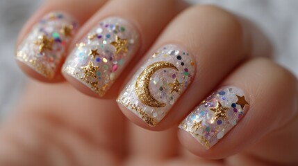Funky Eid nail art with crescent moon and star designs in metallic gold, colorful glitter accents, blurred white background
