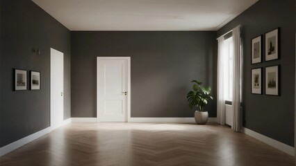 Modern empty room with dark walls and wooden floor