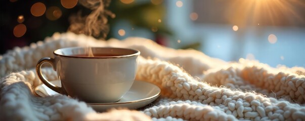 A steaming cup of tea rests on a cozy knitted blanket, radiating warmth and tranquility  Perfect for winter comfort, self-care, and relaxation themes ,  hygge,  fireplace,  calm