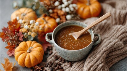 Fototapeta premium Top down flat lay of warm pumpkin spice syrup with decorative pumpkins, brown sugar, and autumn foliage on a cozy knitted backdrop