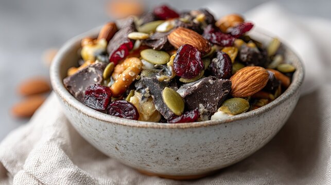 Close up of pumpkin spice trail mix featuring nuts, seeds, chocolate, and dried fruit in a rustic bowl
