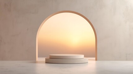 scene with podiums and arch wall with soft golden glow like sunset