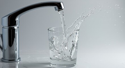 Fresh potable water fills a clear glass, modern chrome faucet dispensing pure refreshment