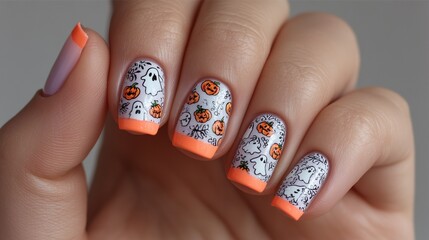 Halloween spooky nails with glow-in-the-dark ghosts and pumpkins, neon orange accents, funky white background