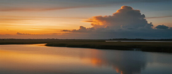 Beautiful sunset over a calm river with dramatic clouds