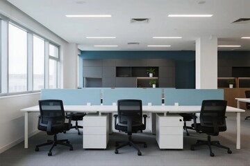 Modern office space with desks chairs and large windows