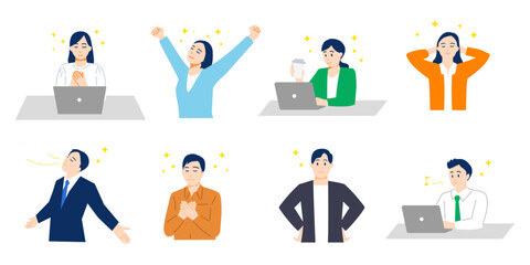 深呼吸したり心をケアするなどしてスッキリした様子の男女の表情イラストセット