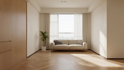 Modern and bright living room with sofa and large window