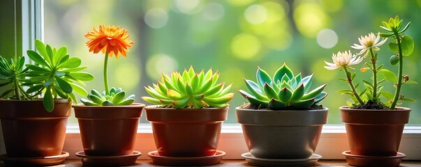 Fototapeta premium A vibrant array of potted succulents and flowering plants, thriving in a sunny windowsill, representing the gift of life and growth , spring, propagation, alive