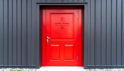 Red door on a dark gray building