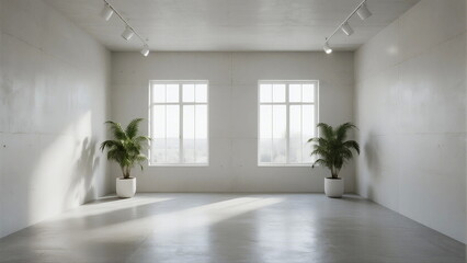 Bright and empty room with two windows and potted plants inside