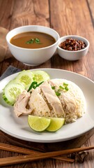 Chicken rice dish on wooden table