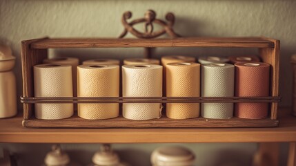 Vintage bathroom shelf with neatly arranged toilet paper rolls, warm nostalgic tones