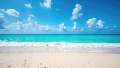Stunning panoramic view of a pristine sandy beach meeting turquoise ocean waves under a vibrant blue sky  Perfect for travel, vacation, or summer themes ,  background,  foam,  shoreline
