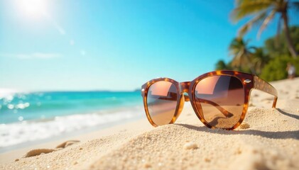 Stylish, oversized beach sunglasses perched on a sun-drenched sandy beach, reflecting the bright sunlight Perfect for summer vacation and travel promotional imagery , coastal, accessory