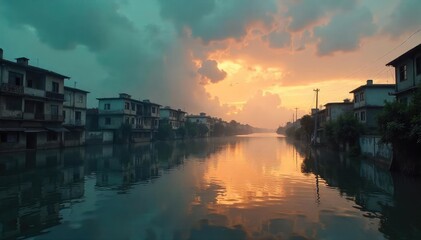 Fototapeta premium Submerged cityscape, buildings half-hidden beneath murky floodwaters, reflecting a somber sky The scene evokes devastation and the power of nature , clouds, catastrophe, rescue
