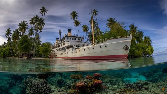 Tropical Island Paradise with Sunken Ship and Vibrant Coral Reef Below.