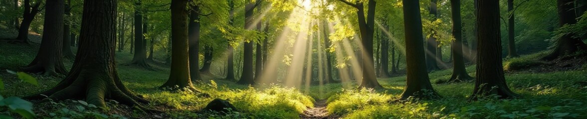 Obraz premium Sun-dappled forest floor, towering timber trees reaching for the sky, lush undergrowth, a tranquil and serene natural scene , shadows, sunlight filtering, tranquil