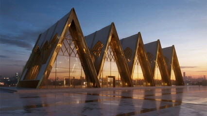 Modern geometric architecture with triangular glass structures