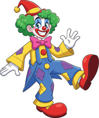 Funny cartoon clown character, colorful circus performer illustration, happy clown with green hair, red nose, costume and hat, playful entertainer vector art image