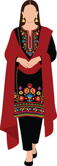 Pakistani woman in black Kashmiri embroidered shalwar kameez with dupatta isolated