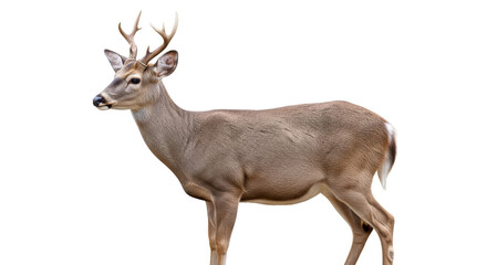 Isolated deer stands side view, natural mammal with horns, calm animal in nature park space
