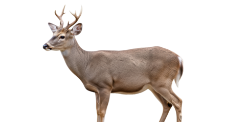 Isolated deer stands side view, natural mammal with horns, calm animal in nature park space