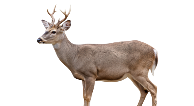 Isolated deer stands side view, natural mammal with horns, calm animal in nature park space