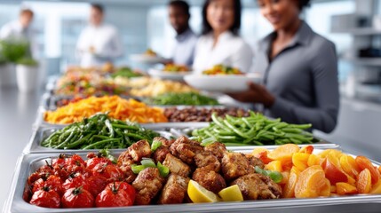 Diverse group of individuals serving a festive Thanksgiving meal with a variety of colorful dishes including roasted chicken, vegetables, and fruits, celebrating togetherness and gratitude