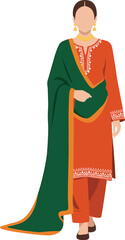 Pakistani woman in festive orange shalwar kameez with green dupatta isolated