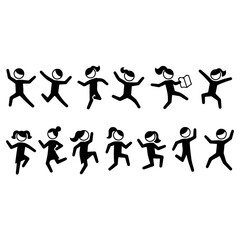 Joyful stick figures dancing and celebrating together.