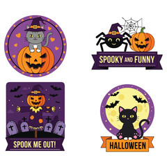 Halloween themed illustrations featuring pumpkins, cats, and spiders.