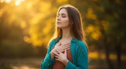 A serene young woman with closed eyes and hands on her chest finds peace in the warm glow of golden hour in nature.