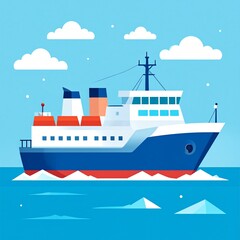 Fototapeta premium A blue and white ferry boat sails on a calm blue sea with white clouds in the sky.