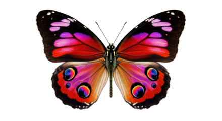 Isolated butterfly insect with pink, purple, and red wings and colorful spots in vibrant hues