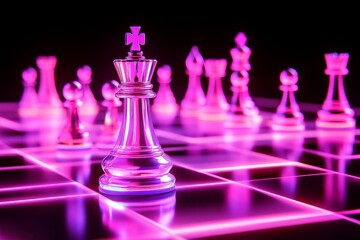 The combination of chess pieces on a reflective board, dramatic purple lighting, and bokeh effects in the background generates a mystical atmosphere ideal for strategy and gaming concepts