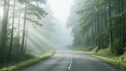 A misty forest road illuminated by sunlight filtering through tall trees