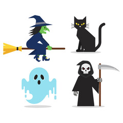 Halloween themed illustrations featuring witch, cat, ghost, and grim reaper.
