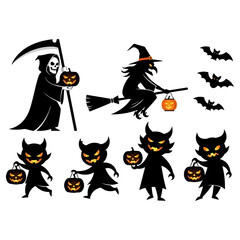 Halloween Characters and Decorations in Silhouette Style.