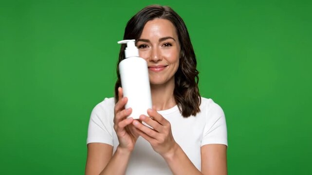 Minimalist cosmetic lotion bottle mockup in plain white shown by woman on green screen
