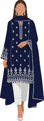 Pakistani woman in navy blue embroidered kameez with churidar and dupatta isolated