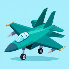 A stylized teal-colored fighter jet with missiles is depicted against a light blue background. The plane has a transparent cockpit and landing gear.