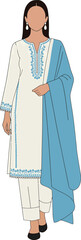 Pakistani woman in white traditional shalwar kameez with blue dupatta isolated