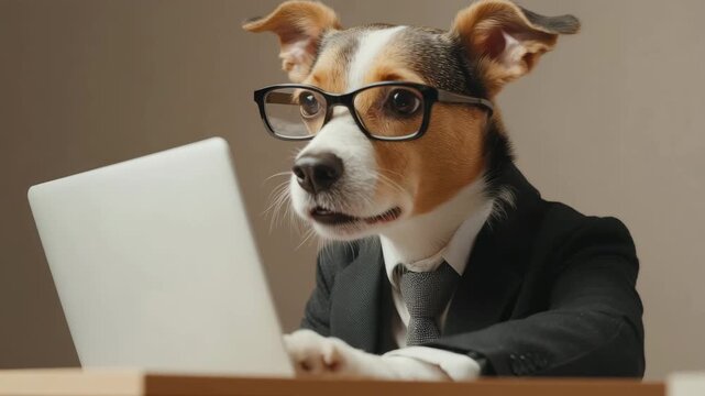 Corgi businessman working on laptop on grey background