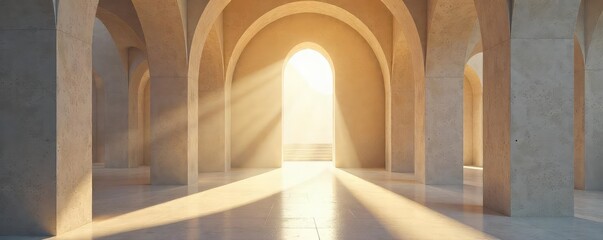 Sunbeams illuminate a serene, minimalist chapel; the architecture inspires contemplation and inner peace A feeling of spiritual sanctuary is conveyed , serenity, meditation